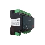 EAP FB8PT/NI.8DO-OC Feldbusmodul in isometrischer Ansicht mit seitlichem Typenschild und Anschlussklemmen.