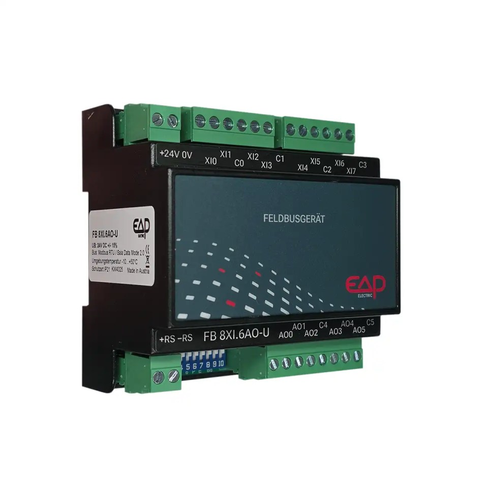 EAP I/O Modul 8698 in isometrischer Ansicht mit Typenschild, steckbaren Klemmen und kompakter 5-TE-Bauform für den Schaltschrank, ESCO Art.-Nr. IOMODUL8698.