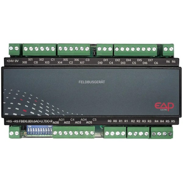 EAP I/O Modul 8709 Feldbusmodul in Frontansicht mit 8 XI-Universaleingängen, 8 digitalen 24-V-Eingängen, 6 analogen 0–10-V-Ausgängen, 7 Relaisausgängen und DIP-Schaltern, ESCO Art.-Nr. IOMODUL8709.