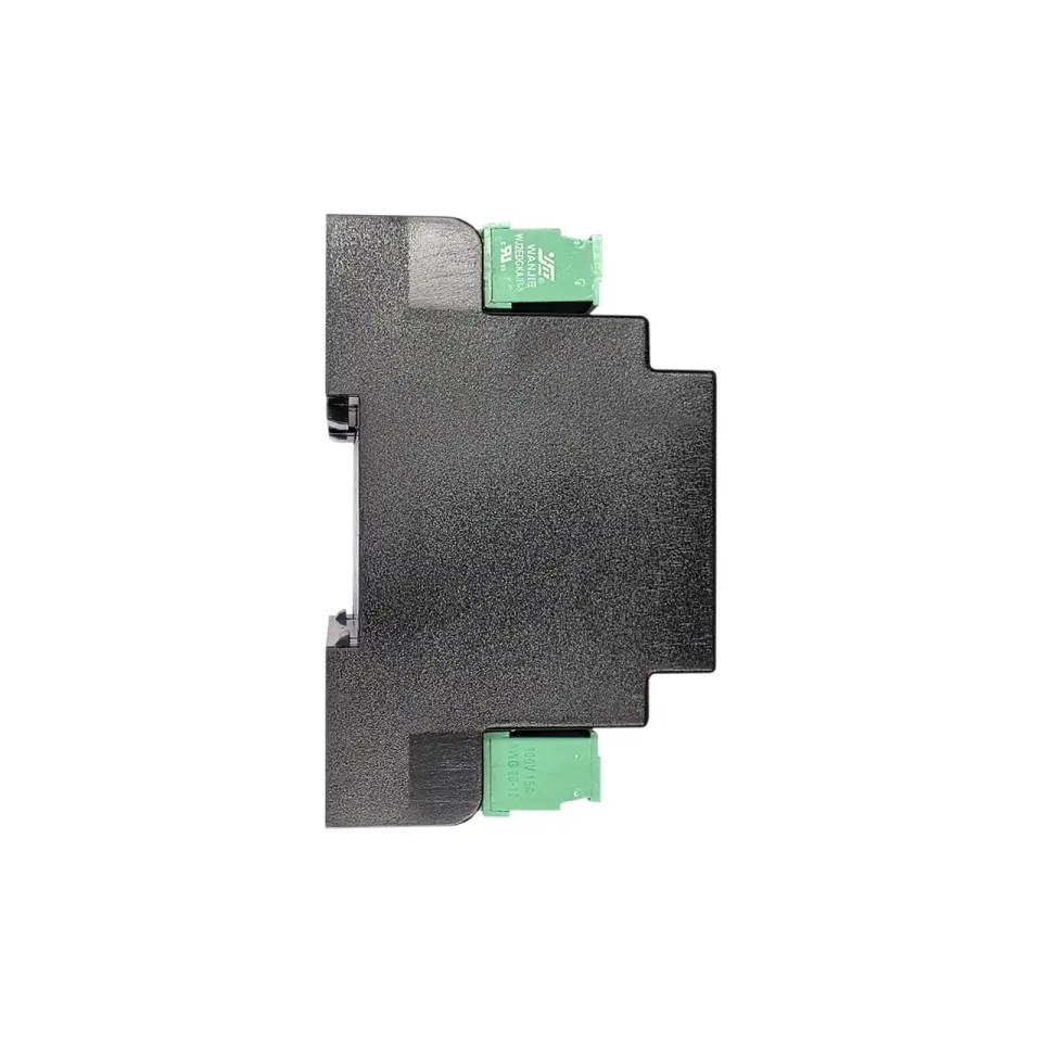 Seitenansicht des I/O Moduls 8553-1 mit geschlossenem schwarzen Gehäuseseitenteil und oberen sowie unteren Steckklemmen, ausgelegt für DIN-Hutschienenmontage in kompakten Feldbusinstallationen.