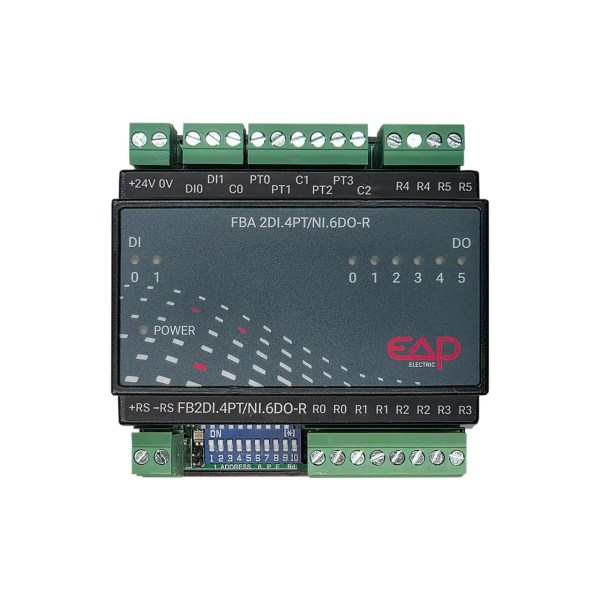 Frontansicht des I/O Moduls 7737-1 von EAP Electric, Feldbusmodul FBA2DI.4PT/NI.6DO-R.M.S. mit 2 digitalen 24V-Eingängen, 4 PT/NI-Temperaturfühlereingängen, 6 Relaisausgängen, Status-LEDs, RS485-Schnittstelle und DIP-Adressschalter für Modbus-RTU und S-Bus.