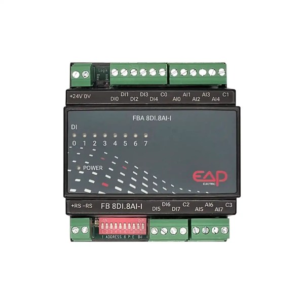 FBA8DI.8AI-I Feldbusmodul von EAP Electric in Frontansicht, I/O Modul 8397-1 mit 8 digitalen 24-V-Eingängen, 8 analogen 4...20-mA-Eingängen, RS485-Schnittstelle, LED-Statusanzeige, DIP-Schaltern und steckbaren Klemmen für die Hutschienenmontage in Gebäudeautomation und Industrie.