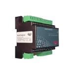 Schrägansicht des I/O Moduls 8534-1 FBA8PT/NI.8DO-OC von EAP Electric, schwarzes Feldbusmodul für DIN-Hutschiene mit grünen Steckklemmen, frontseitiger LED-Anzeige, RS485-Schnittstelle und kompakter Bauform für Schaltschränke.