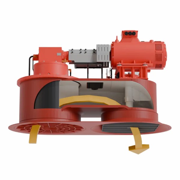 Veth Steering Grid Bugstrahlruder mit rotem Antriebssystem, seitlichen Auslassgittern und 360° lenkbarem Schub für maximale Manövrierfähigkeit bei minimalem Tiefgang.