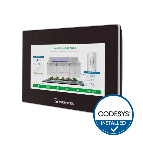 Das Foto zeigt das Weintek cMT3072XP-CD 7-Zoll-Touchpanel aus der Advanced-Serie mit gut sichtbarem „CODESYS Installed“-Badge.