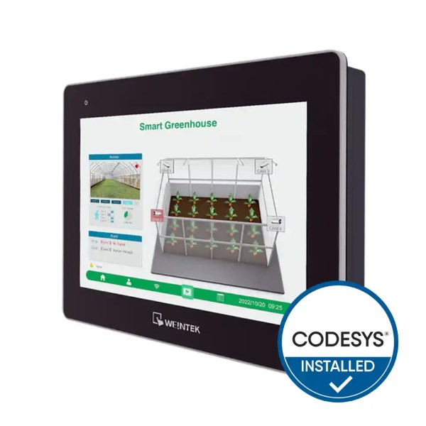 Das Foto zeigt das Weintek cMT3108XH-CD 10,1″ Touchpanel mit Smart-Greenhouse-Visualisierung auf dem Bildschirm.