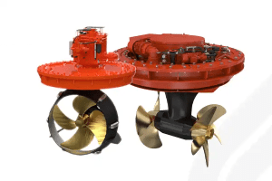 Zwei Veth Azimuth Thrusters mit Propellern und roten Antriebseinheiten als 360° steuerbare Schiffsantriebe für effiziente Manöver.
