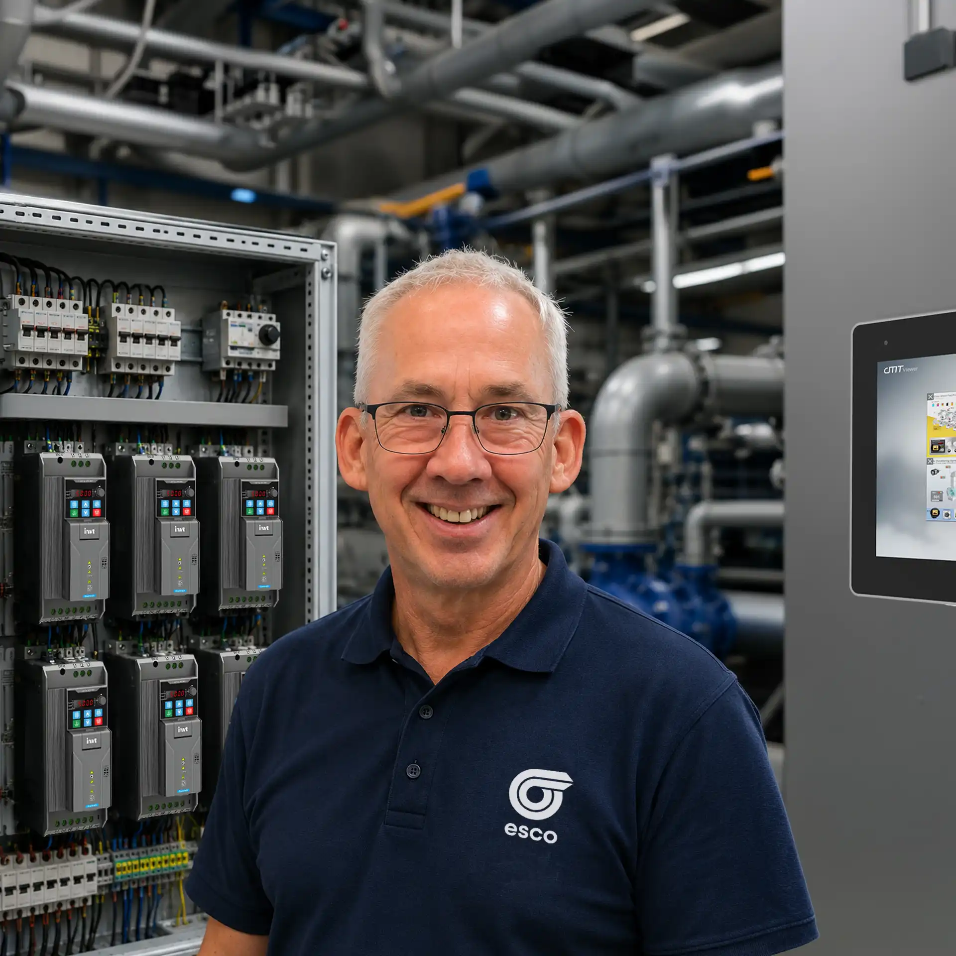 Elektroingenieur Michael Gehart vor einem geöffneten Schaltschrank mit INVT GD28 Frequenzumrichtern zur Pumpenregelung in einem Gebäudetechnikraum, daneben ein Weintek Steuer-Touchpanel.