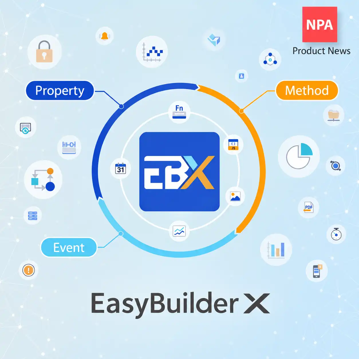Weintek EasyBuilder X mit EBX-Logo und den Funktionen Property, Event und Method für die objektorientierte HMI-Programmierung