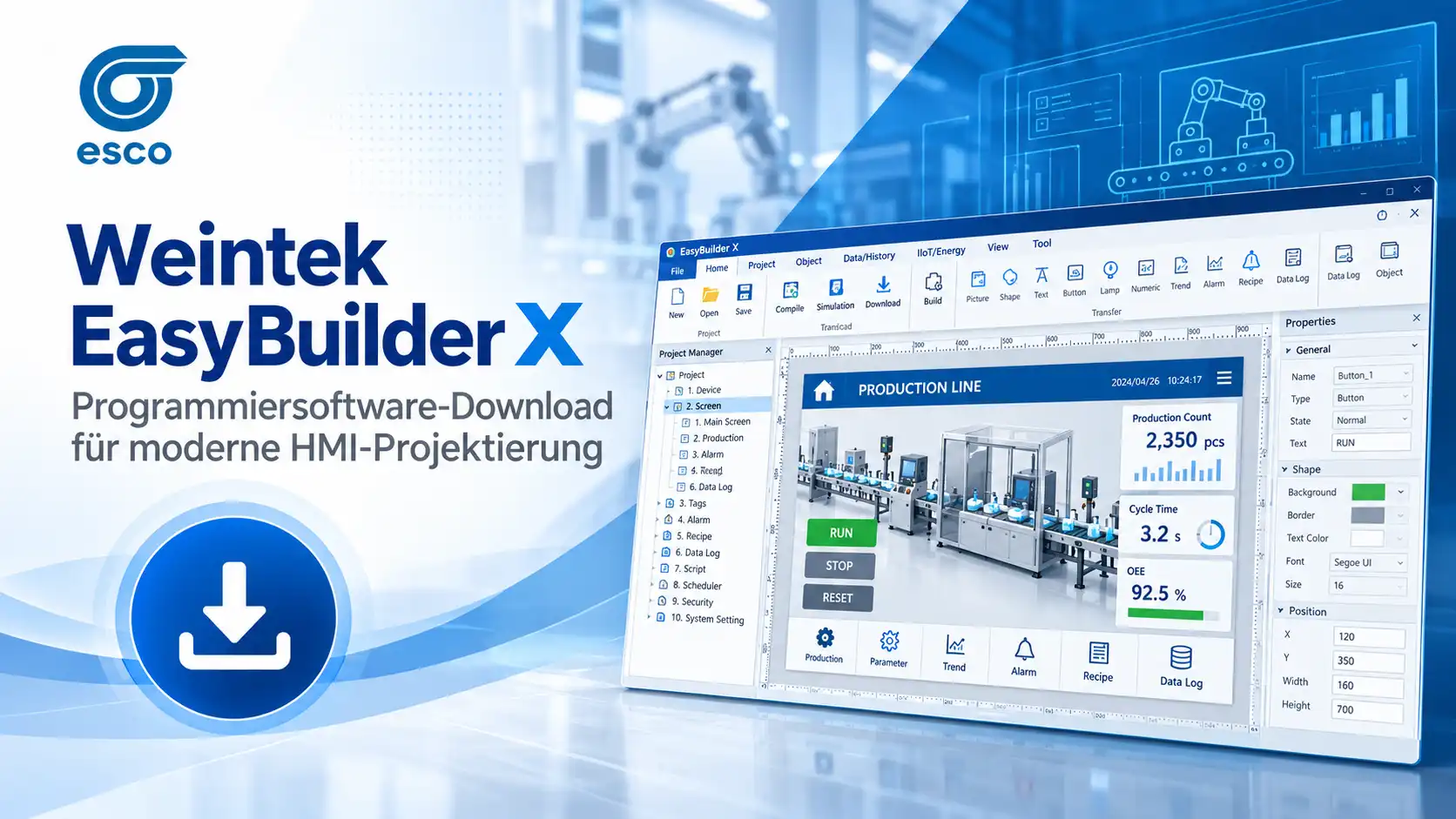 Weintek EasyBuilder X Programmiersoftware mit HMI-Bedienoberfläche und Downloadsymbol für industrielle Visualisierung